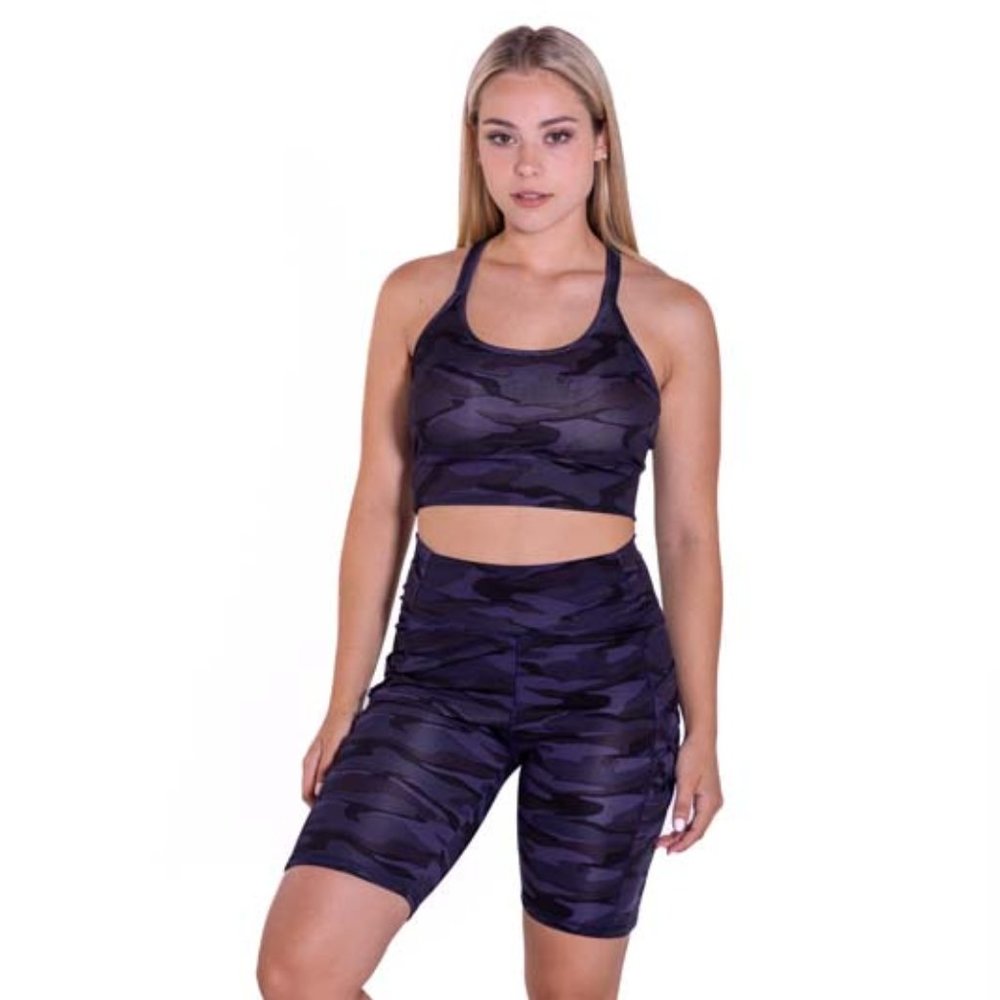 Criss Cross Back Navy Camo Cropped Tank Top
